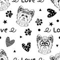 Doodle Yorkshire terrier head seamless pattern background with hearts, paw prints. Cartoon yorkie dog puppy background.