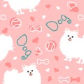 Doodle pomeranian dog seamless pattern background with hearts, dog bones and balls. Cartoon dog puppy background. Hand drawn