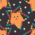 Shiny pomeranian dog head in dog bone star seamless pattern background. Cartoon dog puppy background. Hand drawn childish