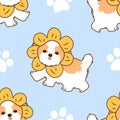 Cute shih tzu puppie wearing flower hat seamless pattern background. Cartoon dog puppy background. Hand drawn