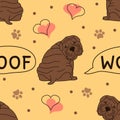 Doodle Shar Pei woof seamless pattern background with paw prints and hearts. Cartoon dog puppy background. Hand drawn childish Royalty Free Stock Photo