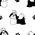 Black shih tzu seamless pattern background with paw prints. Cartoon dog puppy background. Hand drawn childish vector illustration