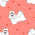 Cute shih tzu seamless pattern background with hearts. Cartoon dog puppy background. Hand drawn childish vector illustration.