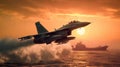 F-16 air force fighter flying over the ocean, beautiful sunset and a ship on the background. Jet military aircraft Royalty Free Stock Photo