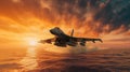 F-16 air force fighter flying over the ocean at low altitude, beautiful sunset on the background. Jet military aircraft