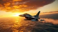 F-16 air force fighter flying over the ocean at low altitude, beautiful sunset over horizon on the background. Jet Royalty Free Stock Photo