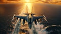 F-16 air force fighter flying over the sea at super low altitude. Beautiful sunset over horizon. Jet military aircraft