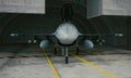 F 16 , american military fighter plane. Military base, hangar, bunker