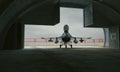 F 16 , american military fighter plane. Military base, hangar, bunker