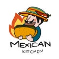 Mexican kitchen logo, man with taco cartoon illustration