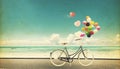 F Bicycle Vintage With Heart Balloon On Beach Blue Sky