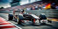 Winning Formula One car passing the finish line, with cheering crowd in blurred background. AI generated Royalty Free Stock Photo