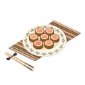 F100_chines desSet of tasty rice biscuits on porcelain plate with chopsticks. Chinese dessert closeup. Vector flat drawn