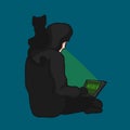 Hacker using laptop with black cat friend cartoon illustration