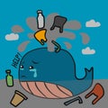 Whale crying of plastic garbage cartoon illustration Royalty Free Stock Photo