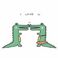 Couple crocodile lover kissing cartoon illustration doodle style