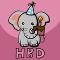 Happy Birthday elephant with HBD cake cartoon illustration