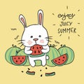 Enjoy juicy summer cute white rabbit eat watermelon cartoon vector illustration