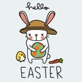 Hello Easter white rabbit holding Easter egg and baby chick friend cartoon Royalty Free Stock Photo