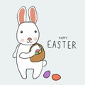 White rabbit and colorful Easter eggs basket, Happy Easter cartoon illustration Royalty Free Stock Photo