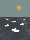 Deep Water Harvest: Solitude of the White Fishing Fleet Under the Orange Moon - Minimalist Nautical Serenity Print Royalty Free Stock Photo
