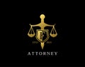 F Letter Law Logo design with golden sword, shield, wreath symbol vector design. Perfect for for law firm, company, lawyer or Royalty Free Stock Photo