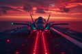 F-35 Lightning II fighter jet on aircraft carrier at sunset