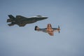 F35 and Mustang P-51 in Heritage flight at Hill AFB. Ogden, Utah, USA.