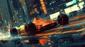 2024 f1 orange race car in the night city, in the style of sam spratt, historical illustrations Royalty Free Stock Photo