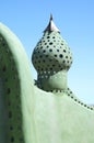 F and pinion of an Earthship sustainable house made out of adobe and upcycled glass bottles near Taos in New Mexico, USA