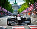 Formula one car at the circuit at noon, arriving at the finish line with cheering crowd in blurred background AI Royalty Free Stock Photo