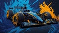 F1, racing car, one car, front view, blue and black color basically, fire back ground, ultra realistic