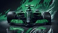 F1, racing car, one car, front view, Green and black color basically, fire back ground, ultra realistic