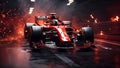 F1, racing car, one car, front view, red and black color basically, fire back ground, ultra realistic