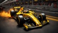 F1, racing car, one car, front view, yellow and black color basically, fire back ground, ultra realistic