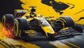 F1, racing car, one car, front view, yellow and black color basically, fire back ground, ultra realistic