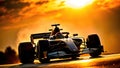 F1 car in full race with blurred sunset background. Side vieww picture . AI generated