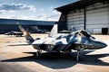 F-22 Raptor Stationed within the Shadowy Confines of a Vast Military Hangar: Spotlights Cascading Dramatic Illumination Royalty Free Stock Photo