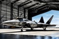 F-22 Raptor Stationed within the Shadowy Confines of a Vast Military Hangar: Spotlights Cascading Dramatic Illumination