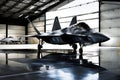 F-22 Raptor Stationed within the Shadowy Confines of a Vast Military Hangar: Spotlights Cascading Dramatic Illumination