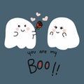 You are my boo couple lover ghost giving rose flower to each other cartoon illustration