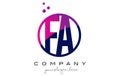 FA F A Circle Letter Logo Design with Purple Dots Bubbles