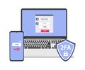 2FA Two Step Authentication.Unlocking via mobile phone. Vector flat illustration. Royalty Free Stock Photo