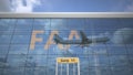 FAAA text revealed with landing airplane on airport building