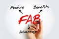 FAB Feature Advantage Benefits - product`s traits, while advantage describes what the product or service does, acronym text