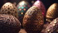 Faberge finely decorated eggs. Exquisite detail. Easter eggs. Gold embossed. Bejeweled.