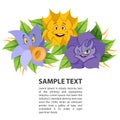 Fabled flowers smiling and talking. Template with space for text design