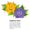 Fabled flowers smiling and talking. Template with space for text design