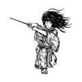 Long Hair Samurai Attacking With His Katana, Hand Drawn Illustration