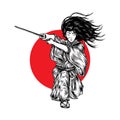 Long Hair Samurai Attacking With His Katana, Hand Drawn Illustration